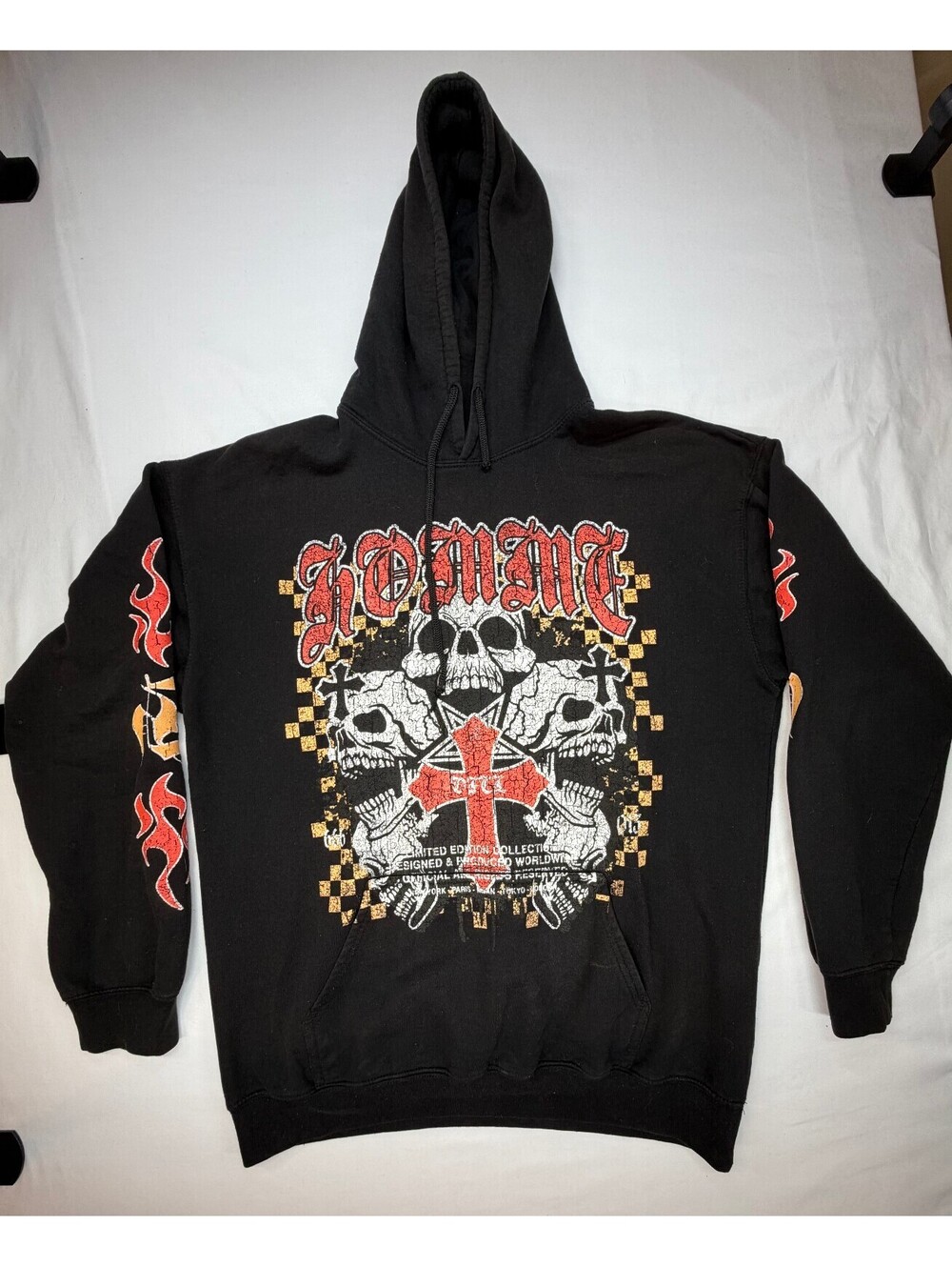 Boohoo Man Men's Graphic Hoodie Skulls Cross Flame Pockets Size Small Black